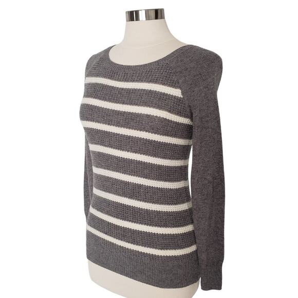 J Crew Merino Wool Striped Grey Sweater Size XXS Waffle Knit Crew Neck - Picture 2 of 6